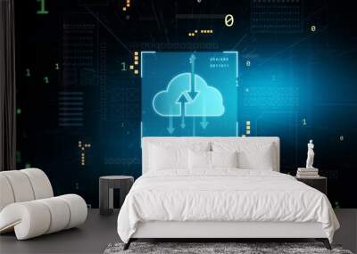 Cloud computing technology and data exchange concept with digital blue cloud symbol with arrows in square on dark background with abstract icons. 3D rendering Wall mural