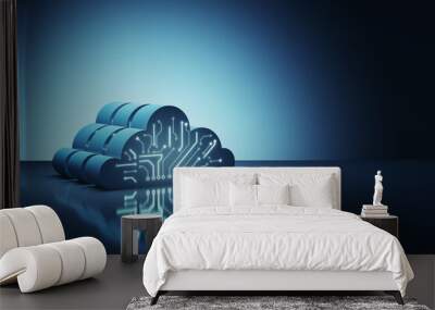 Cloud technology, data exchange and storage concept with 3D digital cloud symbol with circuit on dark blue abstract technological background and empty space. 3D rendering Wall mural