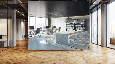 Comfortable workplaces in an open office with desks, computers, and a window. The design is sleek with a concrete floor and black ceiling. Modern workspace design and business background. 3D Rendering Wall mural