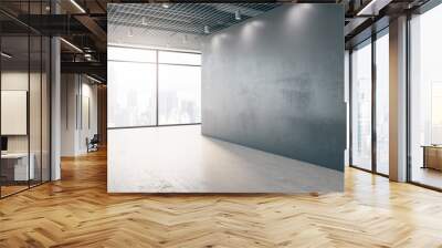 Contemporary empty interior with blank mock up place on wall, windows, city view and daylight. Design and gallery concept. 3D Rendering. Wall mural