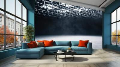 Contemporary large warehouse with metal structure on ceiling. Wall mural