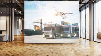 Creative airplane, ship and trucks with cargo in daylight. Delivery, storage and logistics concept. 3D Rendering. Wall mural