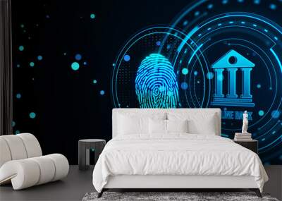 Creative banking hologram in blue circle on dark wide background with fingerprint. Finance, online bank and digital money concept. 3D Rendering. Wall mural