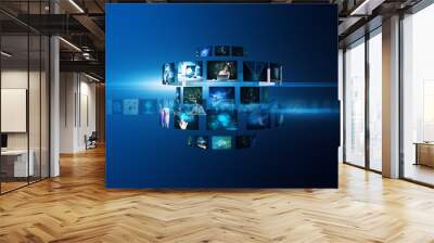 Creative digital picture gallery on blue background. Photo album and media technology concept. Wall mural