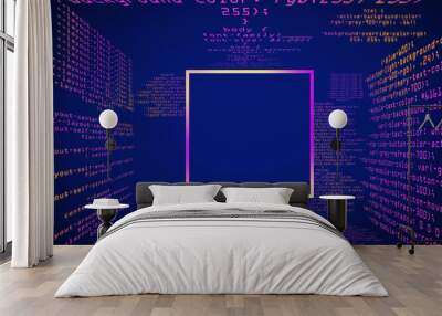 Creative glowing blue coding programming background with blank square mock up frame. Big data and code concept. 3D Rendering. Wall mural