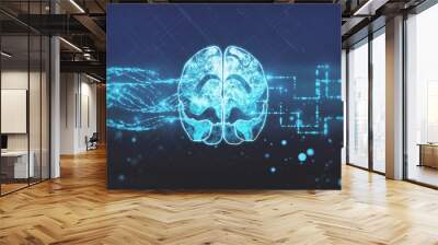 Creative glowing brain hologram on dark background. Neurology research, artificial intelligence concept. 3D Rendering. Wall mural