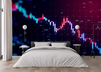 Creative glowing downward candlestick forex chart on blurry background. Crisis, financial loss and crash concept. 3D Rendering. Wall mural