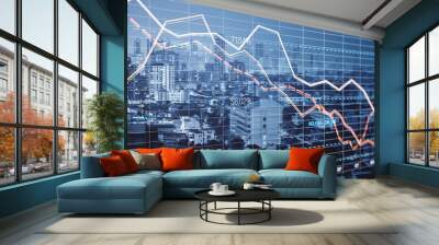 Creative glowing downward red forex chart on blurry city background. Crisis, and stock market fall concept. Double exposure. Wall mural