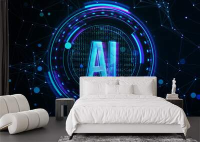 Creative glowing polygonal blue AI hologram on dark backdrop. Artificial intelligence, technology and innovation concept. 3D Rendering. Wall mural