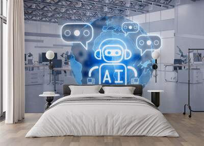 Creative glowing robot and globe ai hologram on blurry office interior background. Machine learning, artificial intelligence and innovation concept. 3D Rendering. Wall mural