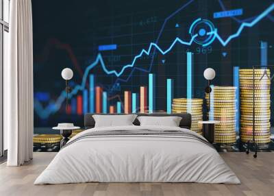 Creative image of growing coin stacks and candlestick forex chart on blurry background. Trade, money and financial growth concept. Double exposure. Wall mural