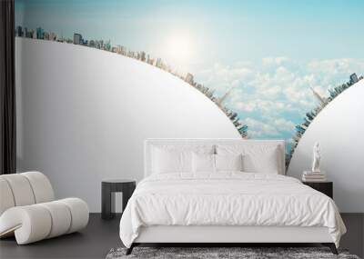 Creative solution concept with airplane flying above megapolis city in the form of lightning. Wall mural