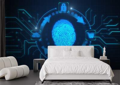 Creative wide blue fingerprint scanning interface on dark background. Biometrics, information, network data, security and future concept. 3D Rendering. Wall mural