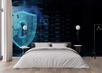 Cyber security and global protection concept with digital keyhole in blue shield on dark technological background with world map globe, binary code and blank space. 3D rendering, mockup Wall mural