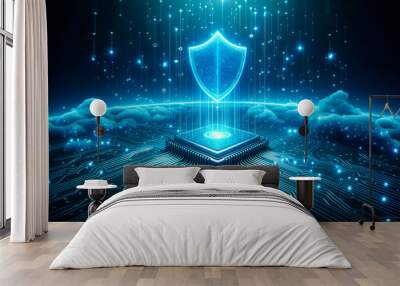 Cyber security concept with shield icon on blue background. Generative AI Wall mural