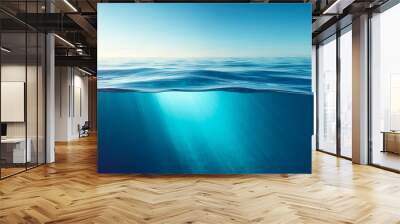 Deep blue ocean with penetrating sunlight, emphasizing vast underwater depth. Solitude concept. Generative AI Wall mural