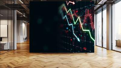 Digital stock market graph with downtrend arrows depicting a financial crisis, on a dark background with a concept of economy collapse. 3D Rendering Wall mural