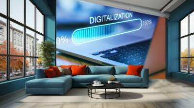 Digital world concept with hologram digitalization word and loading bar element icon on laptop keyboard background Wall mural