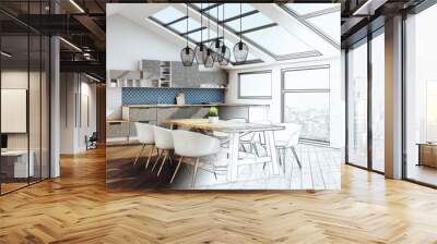 Drawing modern kitchen interior with furniture Wall mural