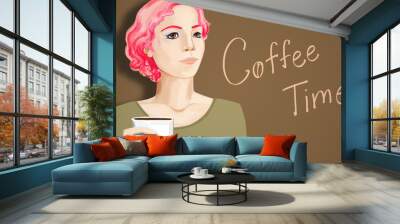 Drawn portrait of white woman with coffee Wall mural