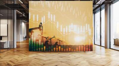 Dropping forex chart on oil mining background. Industry and market concept. Double exposure. Wall mural