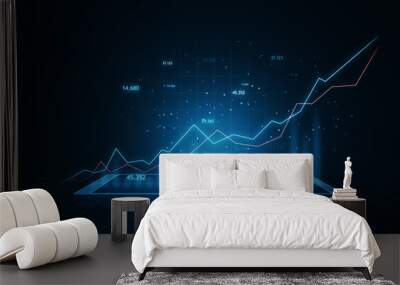 Economy and forex market growth concept with digital blue rising up financial chart diagram and graphs on abstract dark background with grid. 3D rendering Wall mural