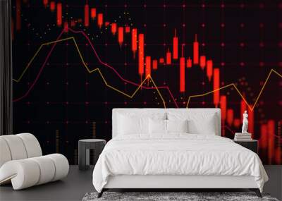 Economy recession and inflation concept with falling down digital red financial chart candlestick and graphs on dark stock market background. 3D rendering Wall mural