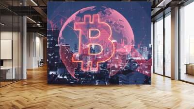 Falling global red bitcoin hologram on blurry night city background. Cryptocurrency, market fall and stock exchange concept. Double exposure. Wall mural