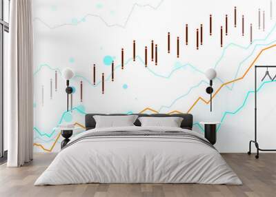 Financial chart with candlestick and line graphs on a white dotted background, concept of forex trading analysis Wall mural