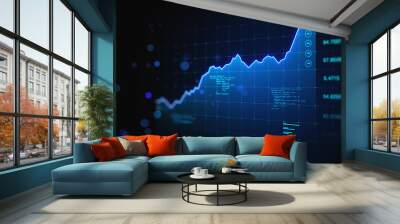 Financial market growth concept with digital forex market indicators, graphs and numbers on abstract dark virtual wall background. 3D rendering Wall mural