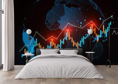 Forex trading graph with global map on black background. 3D Rendering Wall mural