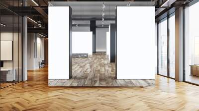 Front view between big blank white partitions with place for advertising poster or logo brand in abstract gallery hall with wooden glossy floor and grey wall background. 3D rendering, mockup Wall mural