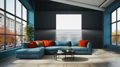 Front view of blank white glowing digital screen in dark hall interior with concrete floor and black wall. Presentation concept. Mockup, 3D Rendering Wall mural