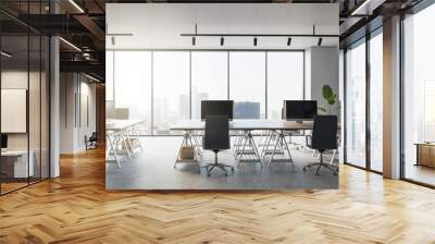 Front view of modern sunny office interior with big window and desks with computers. 3D Rendering Wall mural