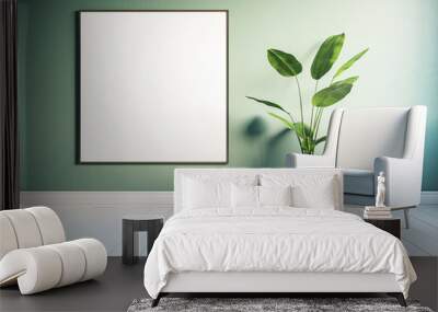 Front view on blank white poster with space for your logo or text on green wall background in sunlit room with light armchair and green plant on wooden floor. 3D rendering, mockup Wall mural