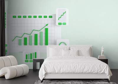 Front view on light green background with place for advertising poster or logo brand and white graphic window cards with green project statistics, sale charts and finance reports. 3D rendering, mockup Wall mural