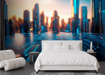 Futuristic digital circuit board overlay on a cityscape at sunset. Wall mural