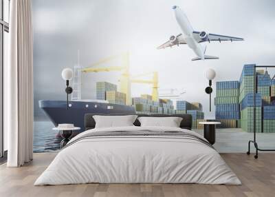 Global logistic service and transport concept with cargo plane and container ship in a port. 3D rendering Wall mural