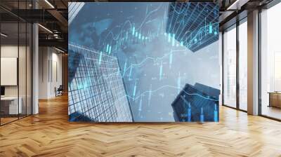 Global market and real estate concept with digital financial chart graphs, candlestick and world map on city skyscraper tops view background, double exposure Wall mural