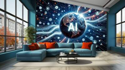 Globe with AI text and network connections. Artificial intelligence concept. Generative AI Wall mural