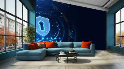 Glowing antivirus shield icon on blue web page background with mock up layout. Safety and protection concept. 3D Rendering. Wall mural