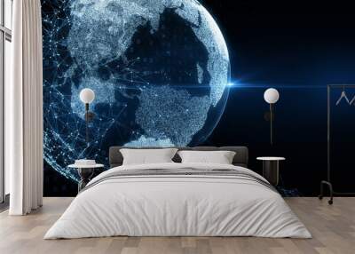 Glowing blue polygonal globe hologram on dark backdrop. 3D Rendering. Wall mural