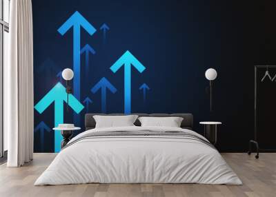 Glowing bright blue arrows on dark background with mock up place. Up and trend concept. 3D Rendering. Wall mural