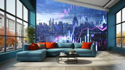 Glowing candlestick forex chart on blurry city buildings wallpaper. Technology, trade and financial data concept. Double exposure. Wall mural