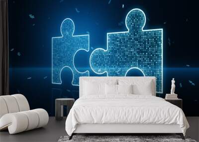 glowing digital blue jigsaw puzzle hologram on dark blurry background. Digital solution, successful collaboration, partners cooperate, implement merge, matching concept. 3D Rendering. Wall mural