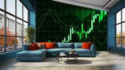 Glowing green candlestick forex chart hologram on dark background. Trade and market concept. 3D Rendering. Wall mural