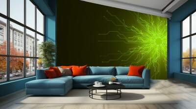 Glowing green circuit lines radiating from a central point on dark background. 3D Rendering Wall mural