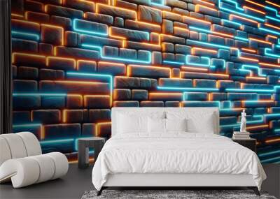 Glowing neon lights intertwined with a brick wall background, in a creative design concept. Generative AI Wall mural