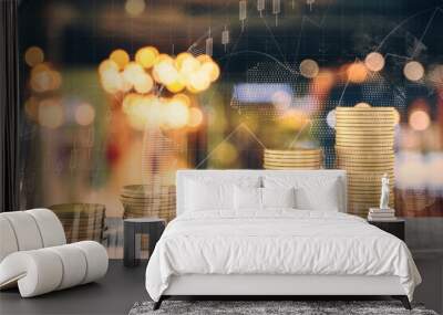 Golden coin piles with growing stock charts Wall mural