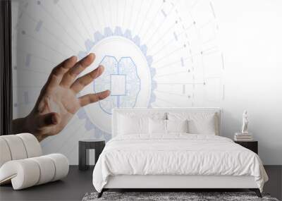 Hand reaching towards a neural network AI symbol, depicted in a technology layout on a white background. Concept of artificial intelligence and machine learning Wall mural